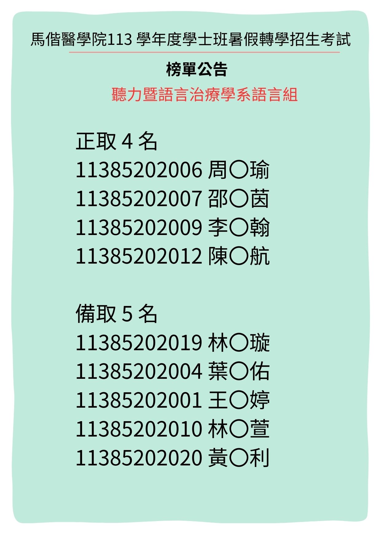 【暑假轉學考】113學年度暑假轉學招生考試榜單公告